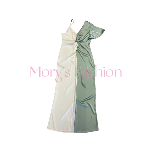 Bella - Creme & Sage Satin Dress