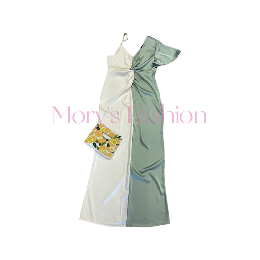 Bella - Creme & Sage Satin Dress